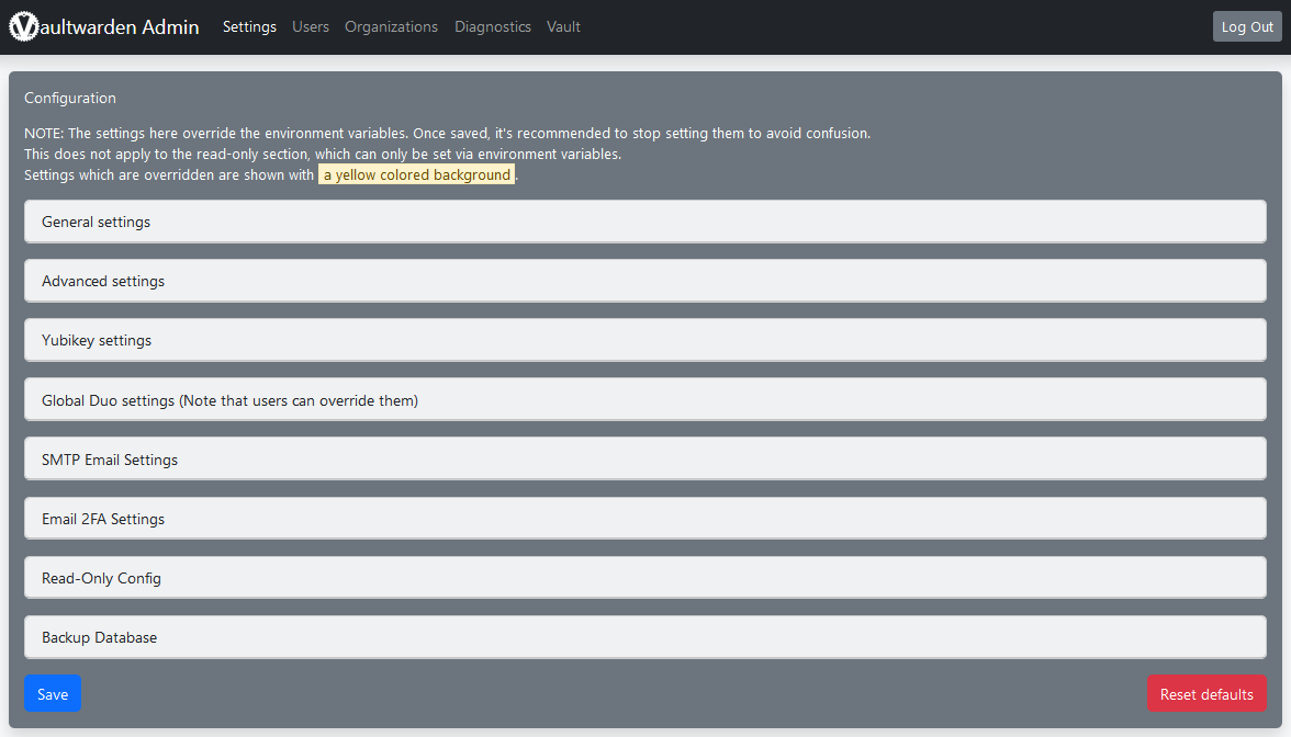 Default page of the Vaultwarden admin panel.