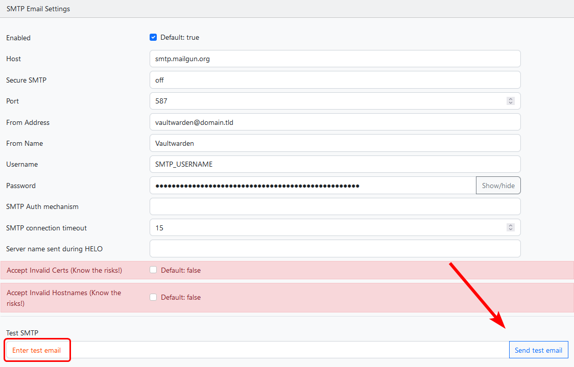 SMTP Email settings in the admin panel.