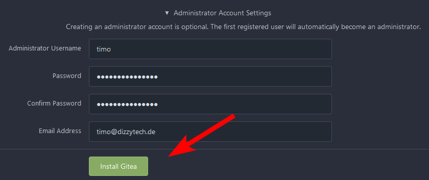 Create your Gitea Admin Account.
