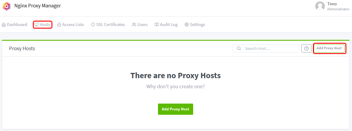 Add your first Proxy Host in Nginx Proxy Manager.