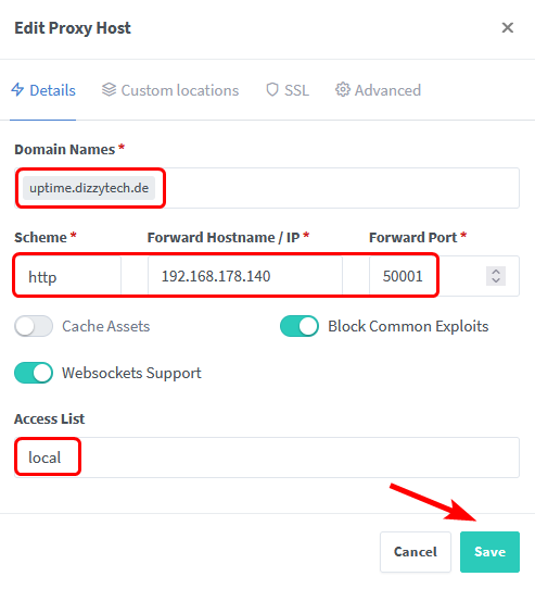 Set up your first Proxy Host in Nginx Proxy Manager.