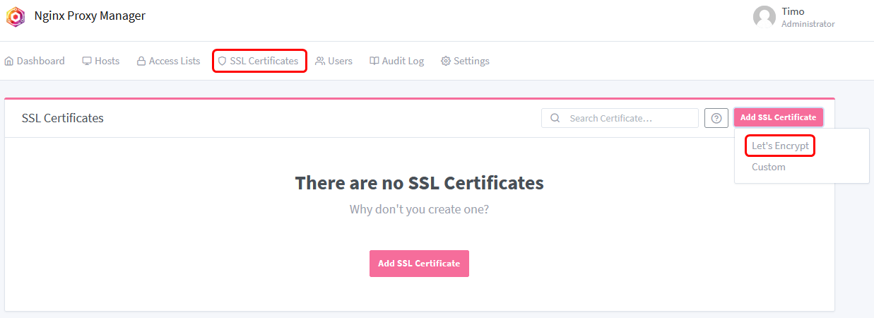 Add a SSL Certificate in Nginx Proxy Manager.